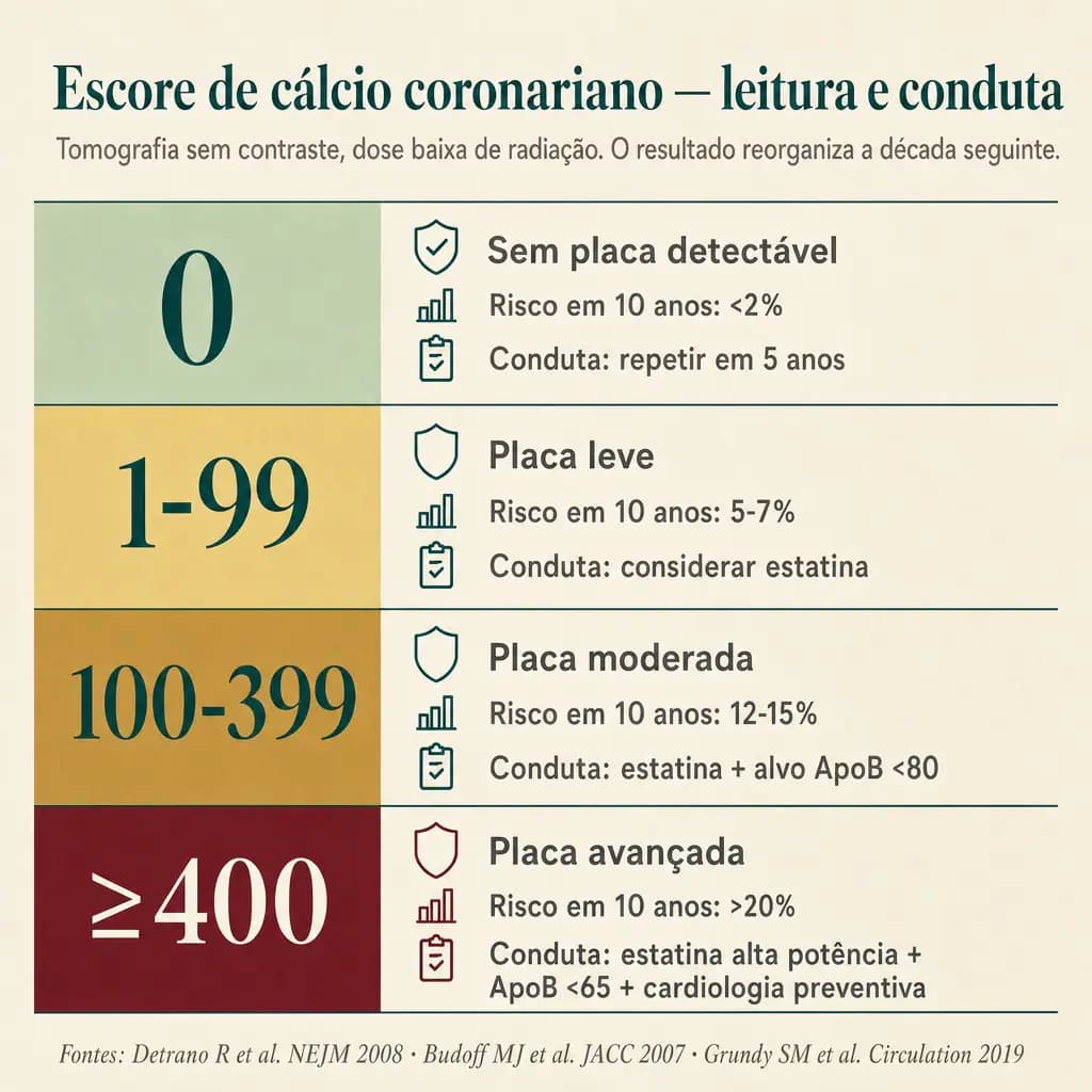 Tabela de leitura do escore de cálcio coronariano (CAC, Agatston): 0 = sem placa detectável (risco <2% em 10 anos, repetir em 5 anos); 1-99 = placa leve (risco 5-7%, considerar estatina); 100-399 = placa moderada (risco 12-15%, estatina + alvo ApoB <80); ≥400 = placa avançada (risco >20%, estatina alta potência + ApoB <65 + cardiologia preventiva).